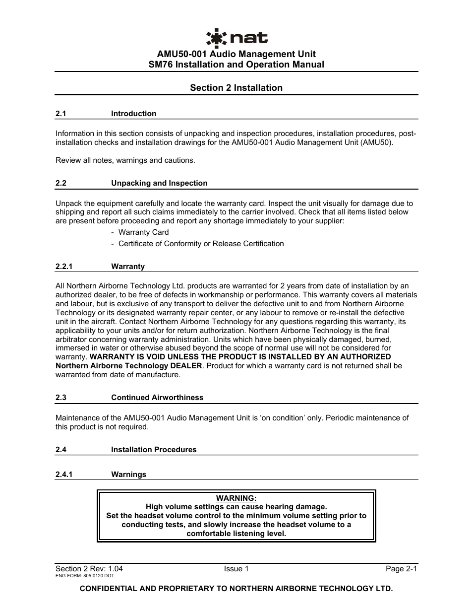 Installation, 1 introduction, 2 unpacking and inspection | 1 warranty, 3 continued airworthiness, 4 installation procedures, 1 warnings | Northern Airborne Technology AMU50-001 User Manual | Page 13 / 40
