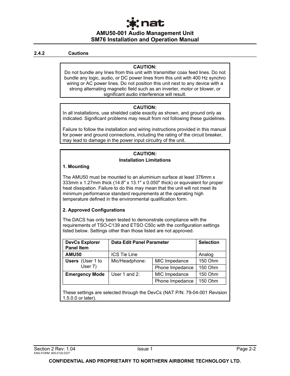 2 cautions | Northern Airborne Technology AMU50-001 User Manual | Page 14 / 40