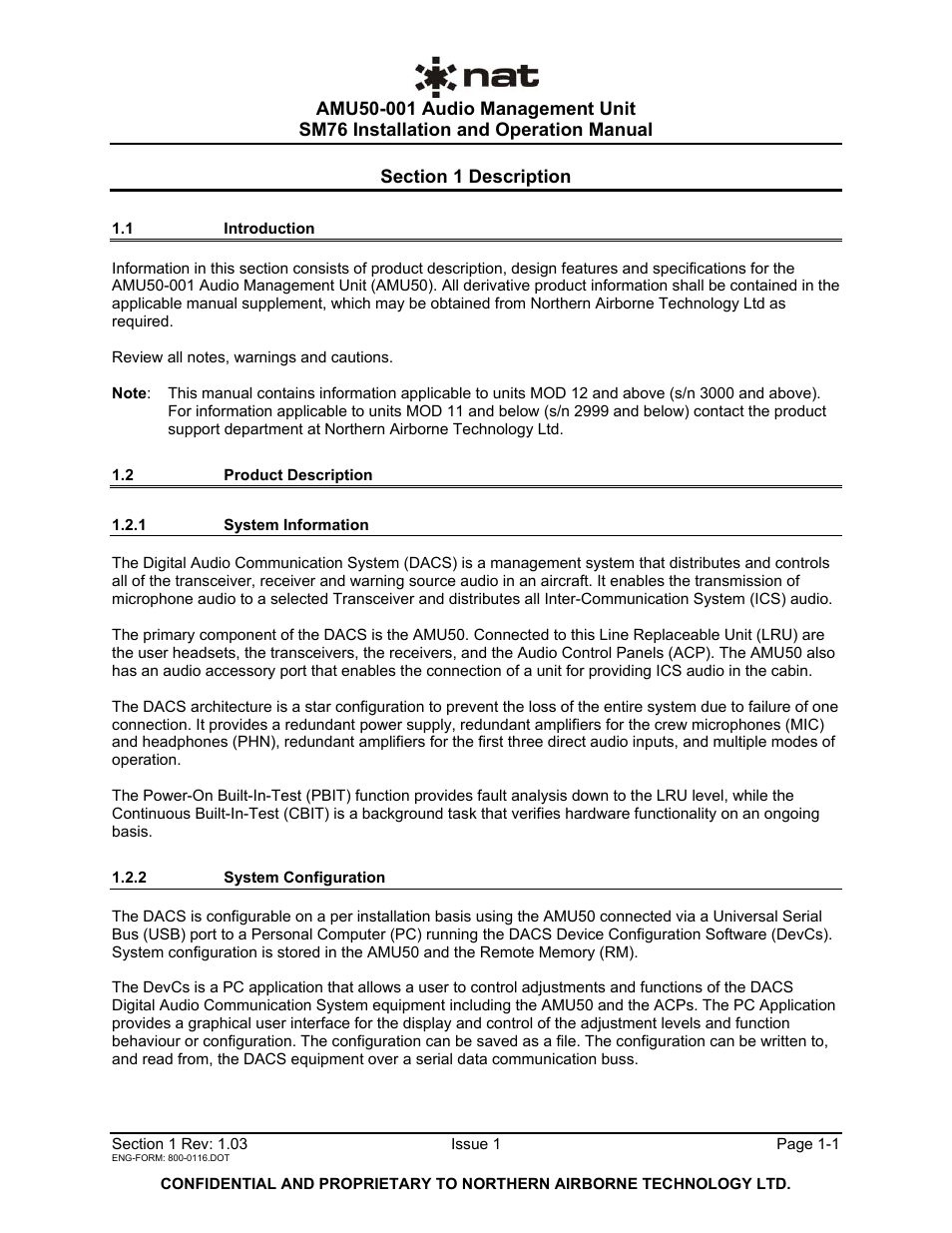 Description, 1 introduction, 2 product description | 1 system information, 2 system configuration | Northern Airborne Technology AMU50-001 User Manual | Page 4 / 40