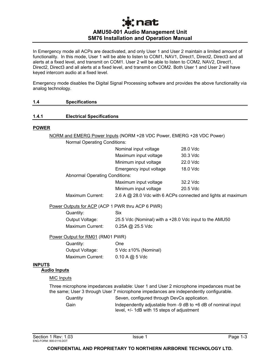 4 specifications, 1 electrical specifications | Northern Airborne Technology AMU50-001 User Manual | Page 6 / 40