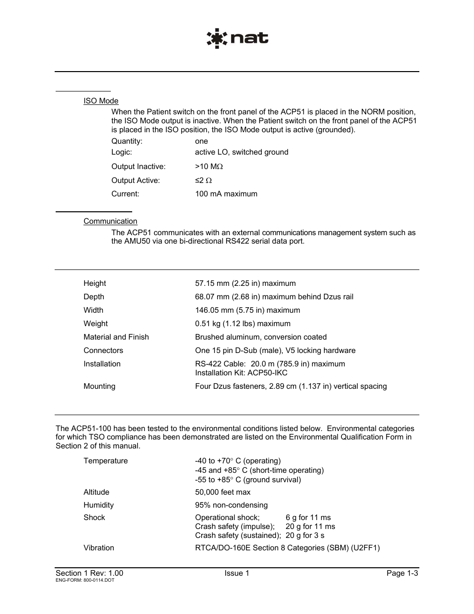 2 physical specifications, 3 environmental specifications | Northern Airborne Technology ACP51-100 User Manual | Page 7 / 27