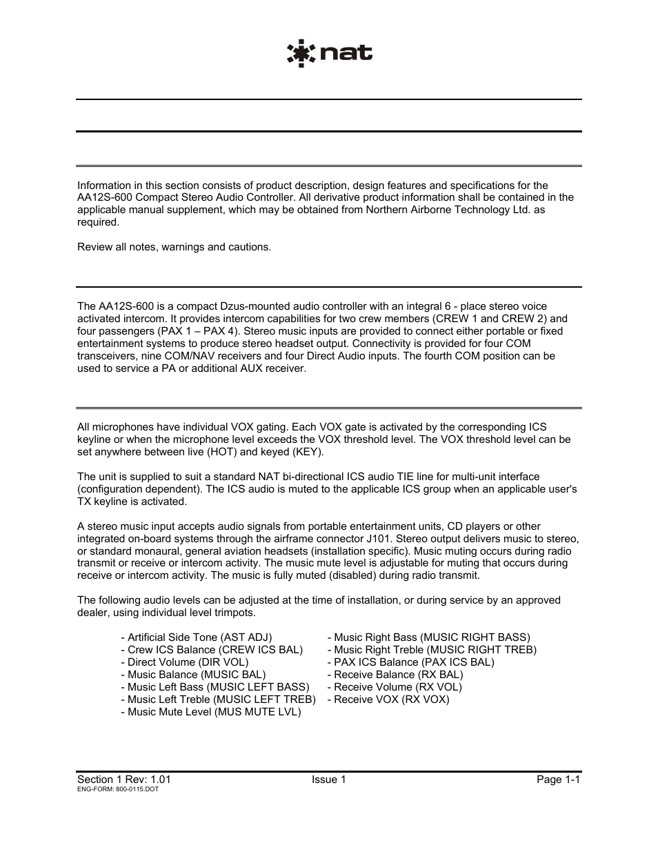 Description, 1 introduction, 2 product description | 3 design features | Northern Airborne Technology AA12S-600 User Manual | Page 4 / 21