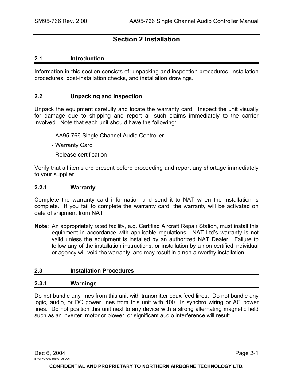 Installation, 1 introduction, 2 unpacking and inspection | 1 warranty, 3 installation procedures, 1 warnings | Northern Airborne Technology AA95-766 User Manual | Page 11 / 35