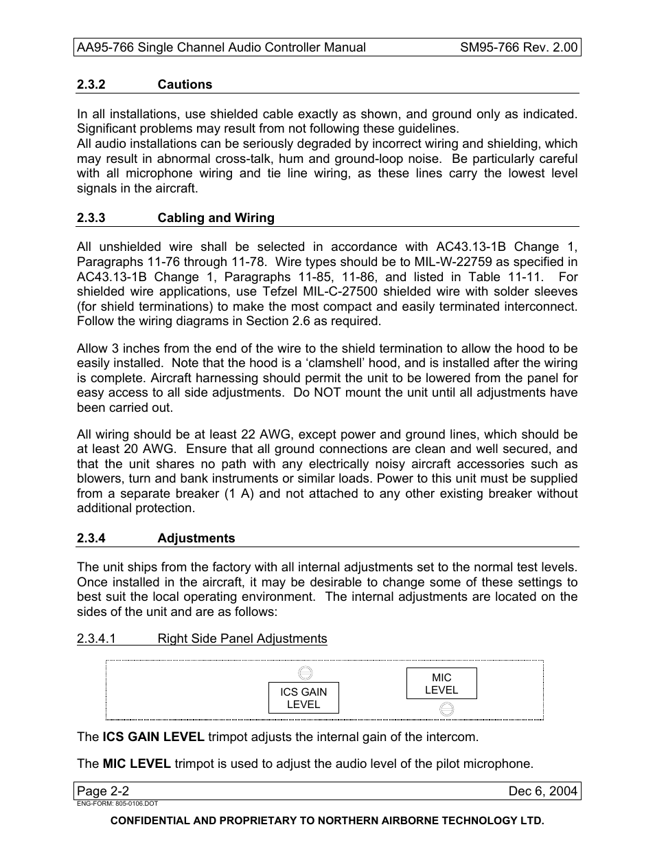 2 cautions, 3 cabling and wiring, 4 adjustments | Northern Airborne Technology AA95-766 User Manual | Page 12 / 35