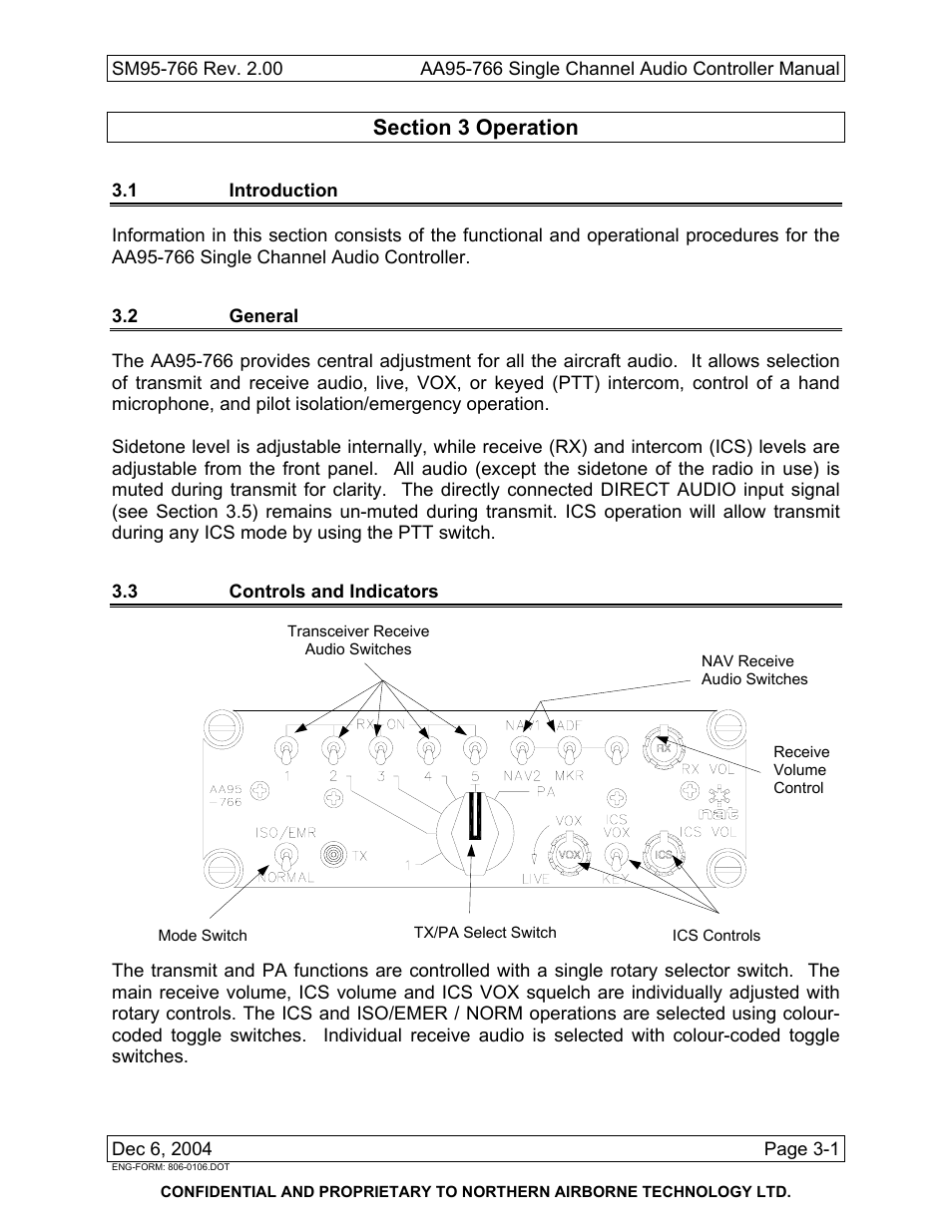 Operation, 1 introduction, 2 general | 3 controls and indicators | Northern Airborne Technology AA95-766 User Manual | Page 31 / 35