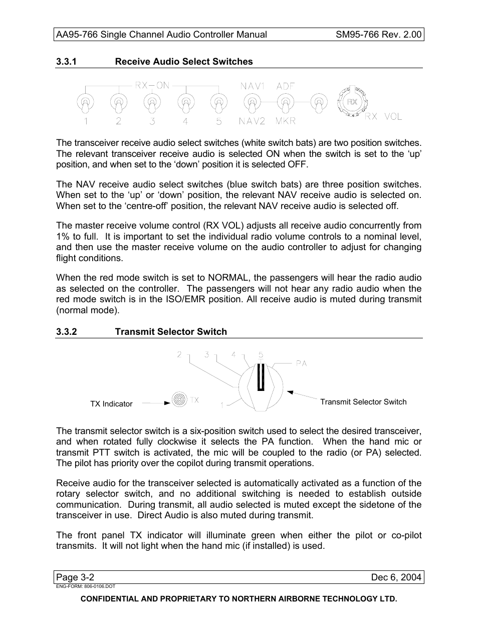 1 receive audio select switches, 2 transmit selector switch | Northern Airborne Technology AA95-766 User Manual | Page 32 / 35