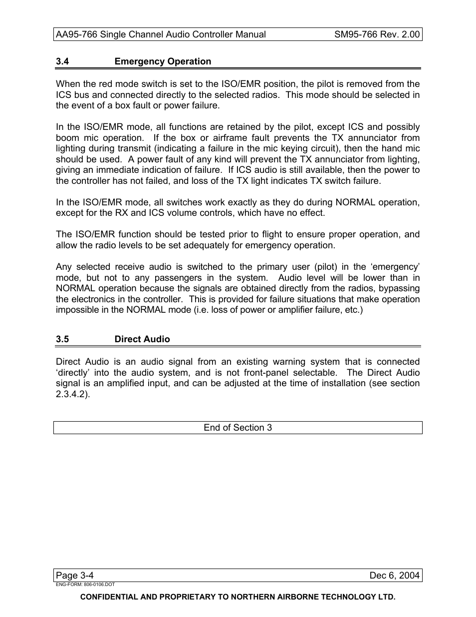 4 emergency operation, 5 direct audio | Northern Airborne Technology AA95-766 User Manual | Page 34 / 35