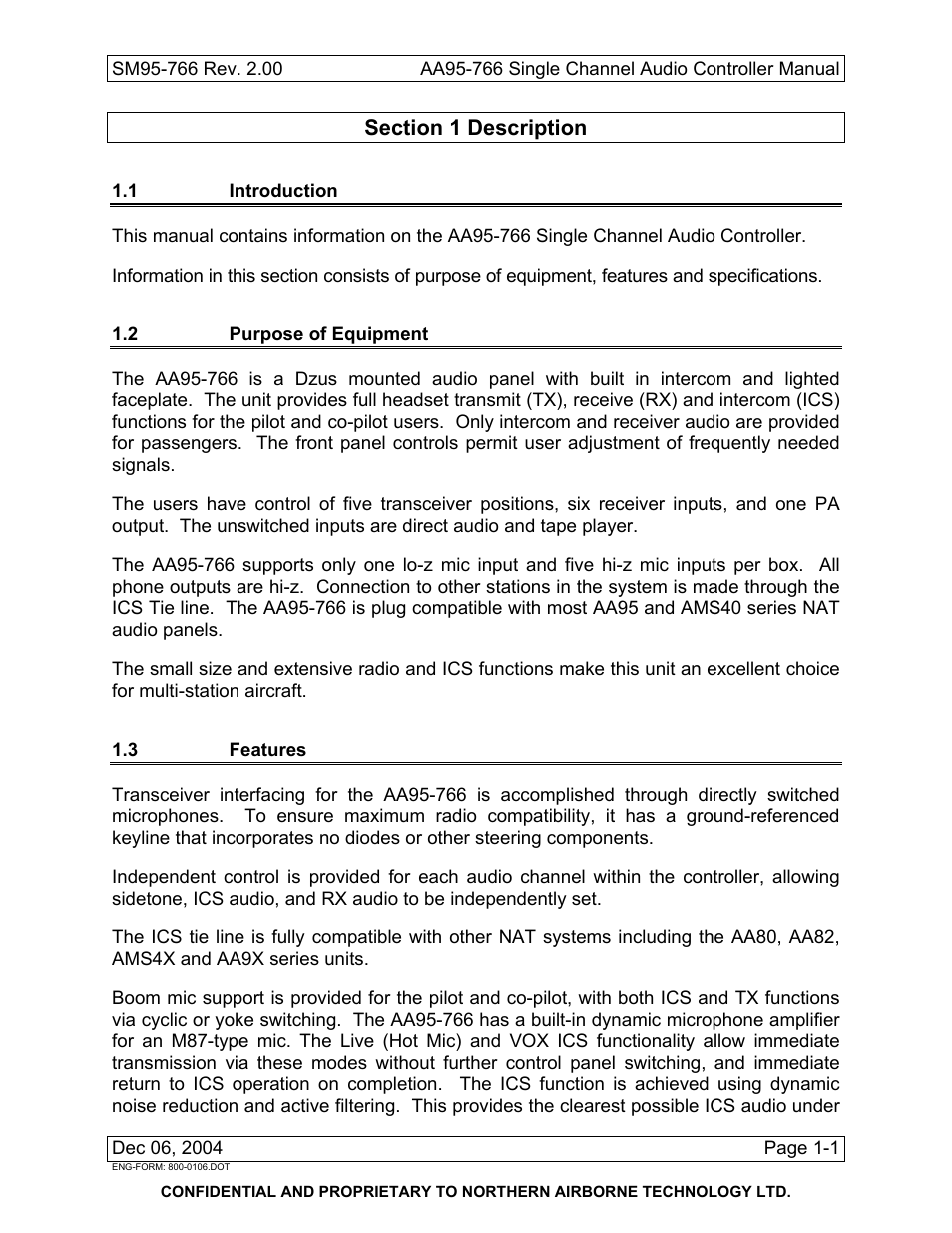 Description, 1 introduction, 2 purpose of equipment | 3 features | Northern Airborne Technology AA95-766 User Manual | Page 7 / 35