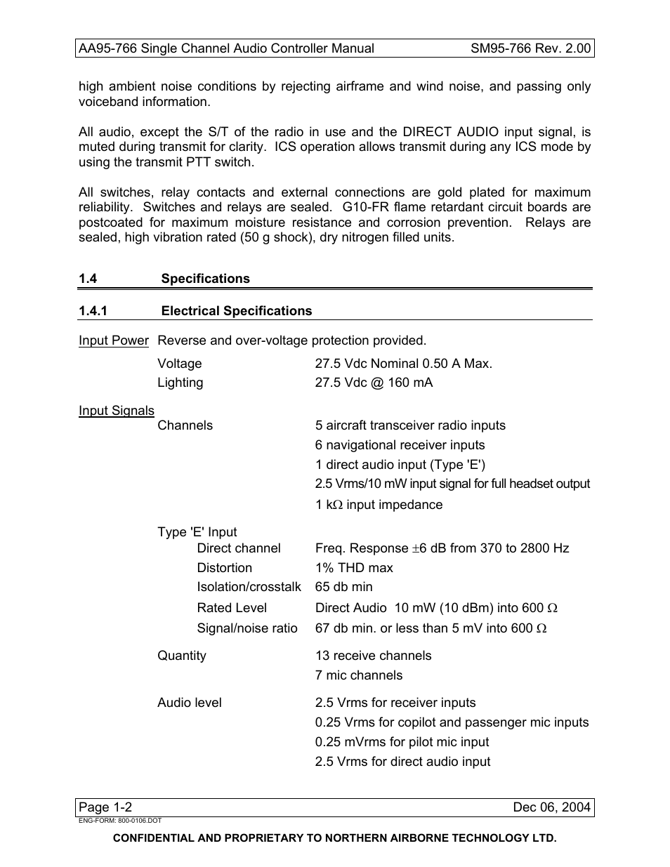 4 specifications, 1 electrical specifications | Northern Airborne Technology AA95-766 User Manual | Page 8 / 35