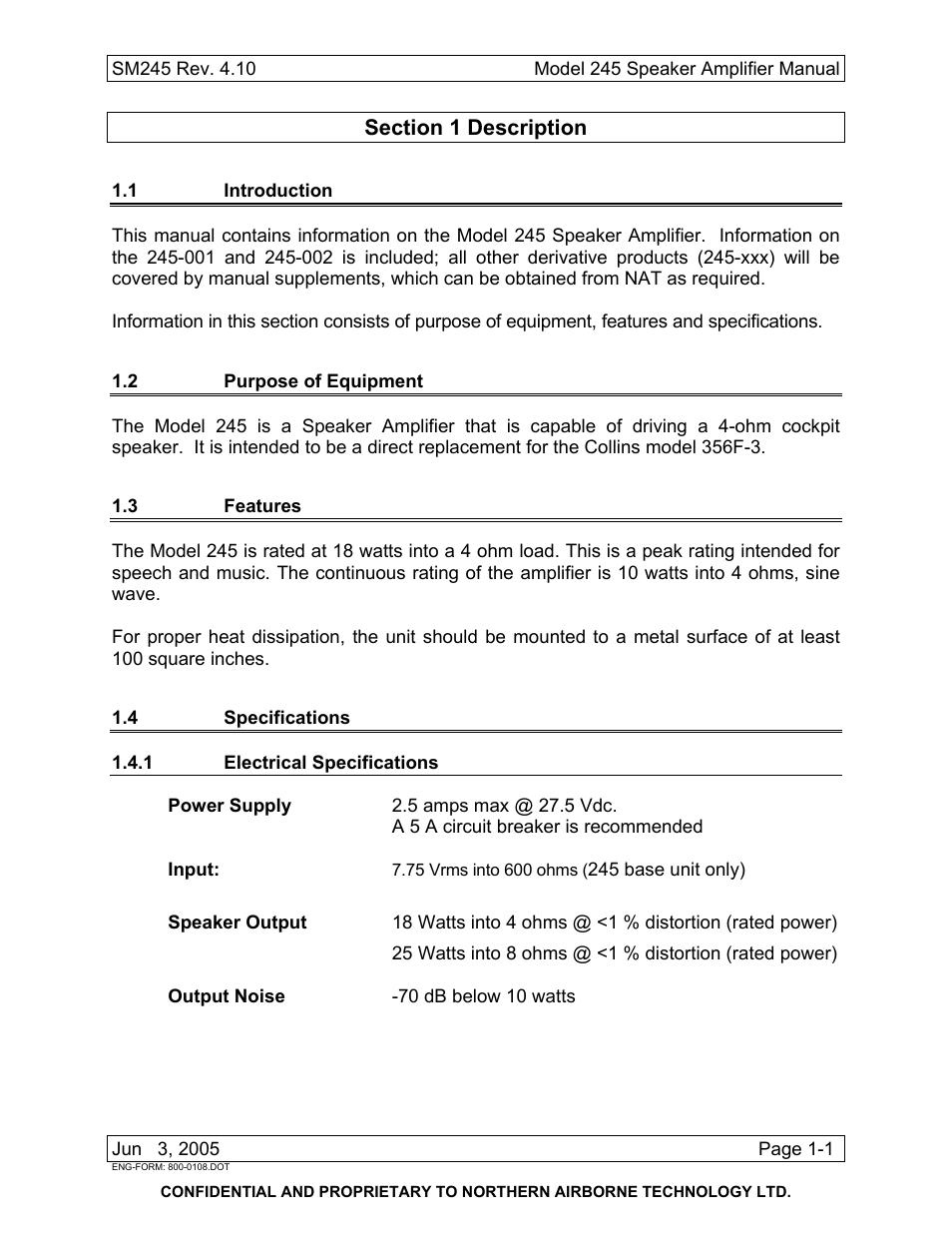 Description, 1 introduction, 2 purpose of equipment | 3 features, 4 specifications, 1 electrical specifications | Northern Airborne Technology 245 User Manual | Page 11 / 24