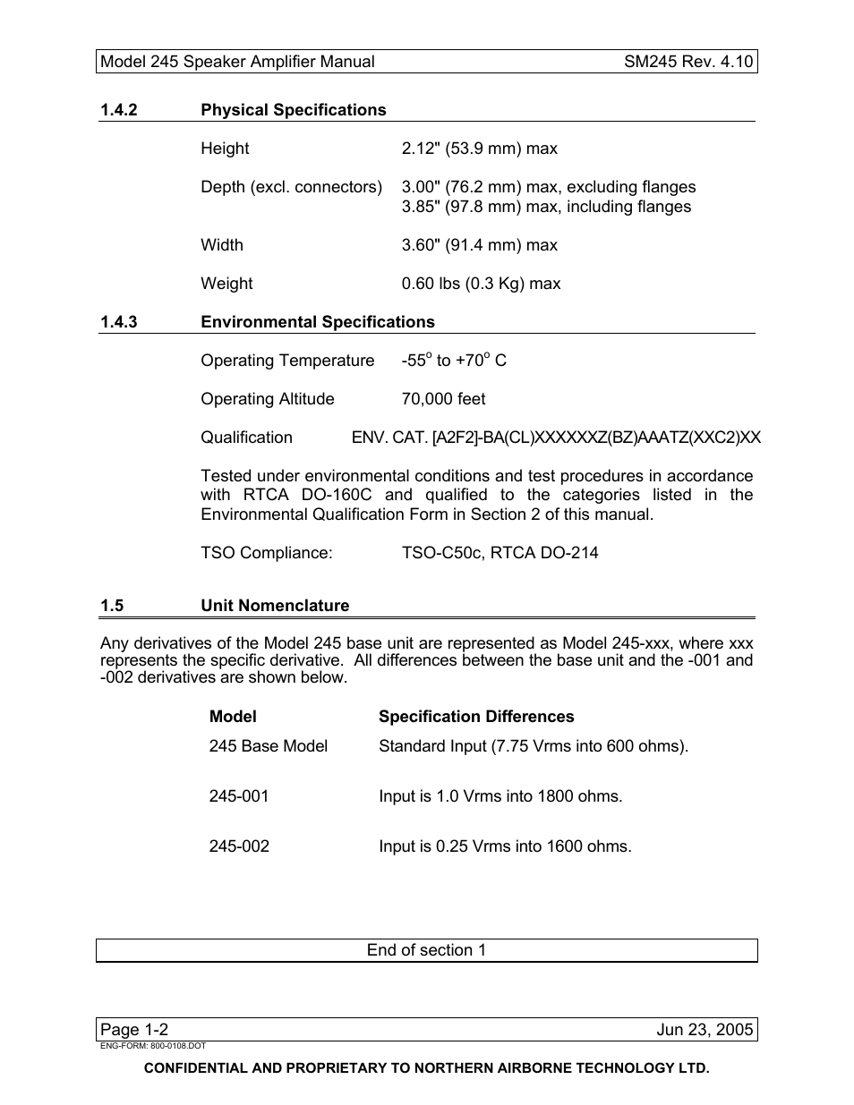 2 physical specifications, 3 environmental specifications, 5 unit nomenclature | Northern Airborne Technology 245 User Manual | Page 12 / 24