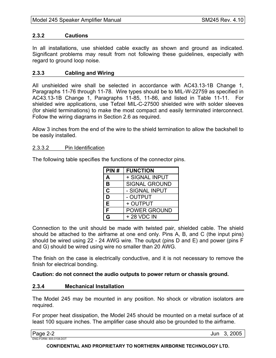 2 cautions, 3 cabling and wiring, 4 mechanical installation | Northern Airborne Technology 245 User Manual | Page 14 / 24