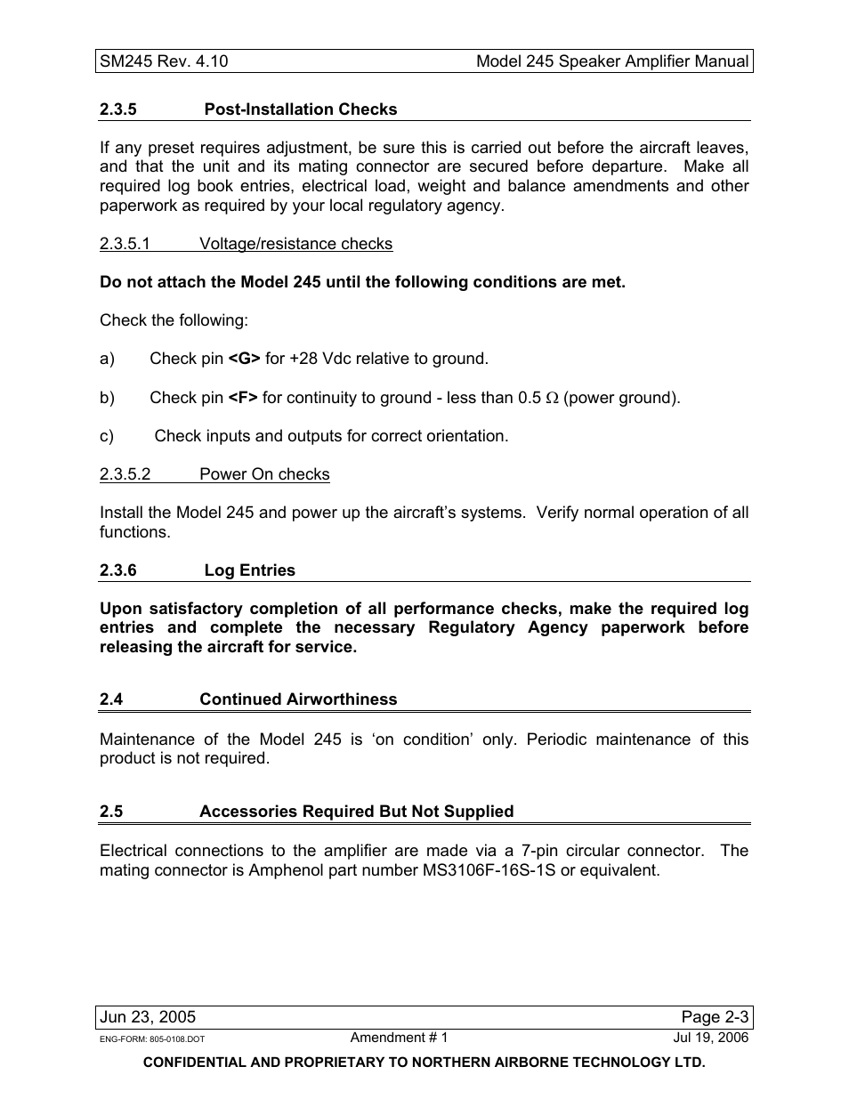 5 post-installation checks, 6 log entries, 4 continued airworthiness | 5 accessories required but not supplied | Northern Airborne Technology 245 User Manual | Page 15 / 24