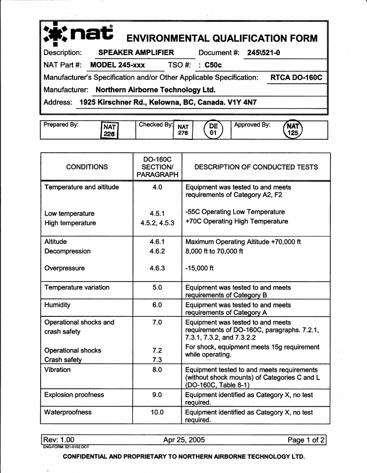 Environmental qualification form | Northern Airborne Technology 245 User Manual | Page 19 / 24