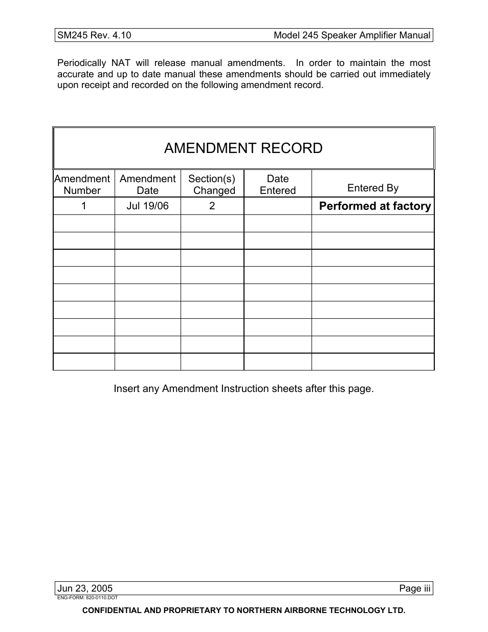 Amendment record | Northern Airborne Technology 245 User Manual | Page 5 / 24