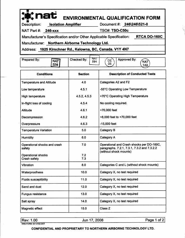 Environmental qualification form | Northern Airborne Technology 246 User Manual | Page 15 / 17