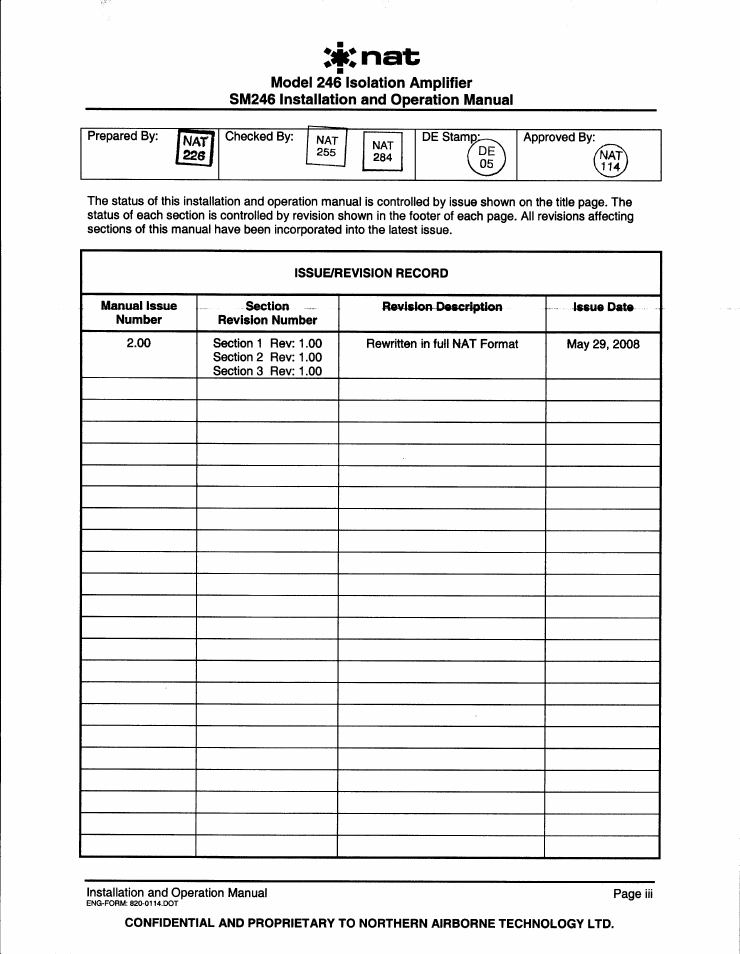 Issue/revision record | Northern Airborne Technology 246 User Manual | Page 3 / 17
