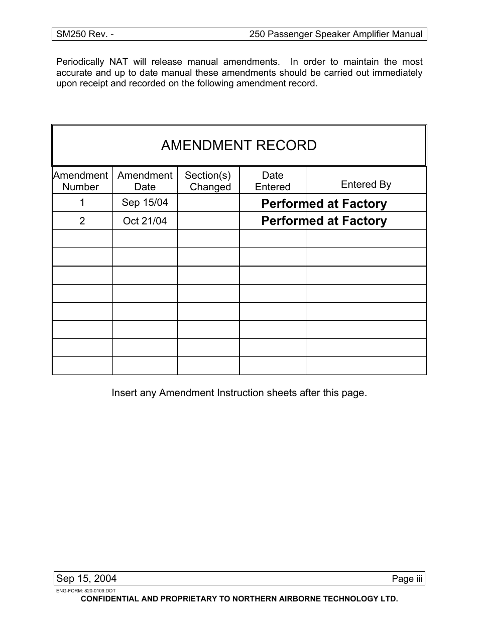 Amendment record, Performed at factory performed at factory | Northern Airborne Technology 250 User Manual | Page 3 / 24