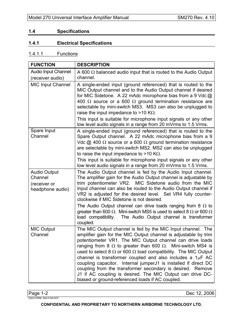 4 specifications, 1 electrical specifications | Northern Airborne Technology 270 User Manual | Page 10 / 30