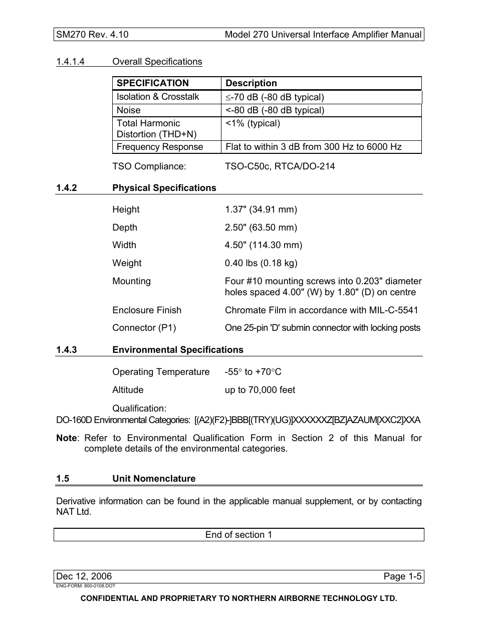 2 physical specifications, 3 environmental specifications, 5 unit nomenclature | Northern Airborne Technology 270 User Manual | Page 13 / 30