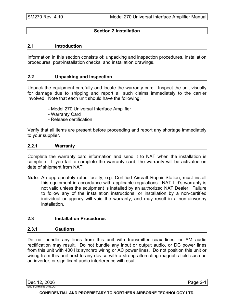 Installation, 1 introduction, 2 unpacking and inspection | 1 warranty, 3 installation procedures, 1 cautions | Northern Airborne Technology 270 User Manual | Page 15 / 30