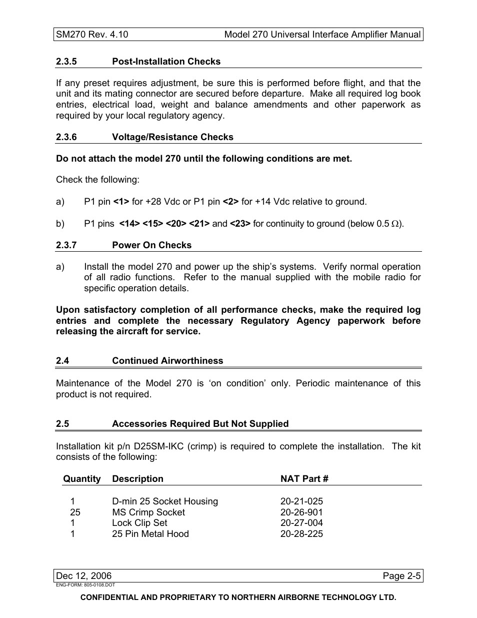 5 post-installation checks, 6 voltage/resistance checks, 7 power on checks | 4 continued airworthiness, 5 accessories required but not supplied | Northern Airborne Technology 270 User Manual | Page 19 / 30