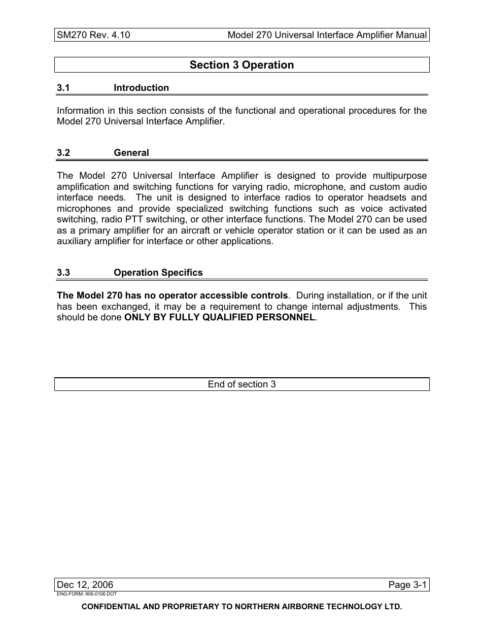 Operation, 1 introduction, 2 general | 3 operation specifics | Northern Airborne Technology 270 User Manual | Page 29 / 30