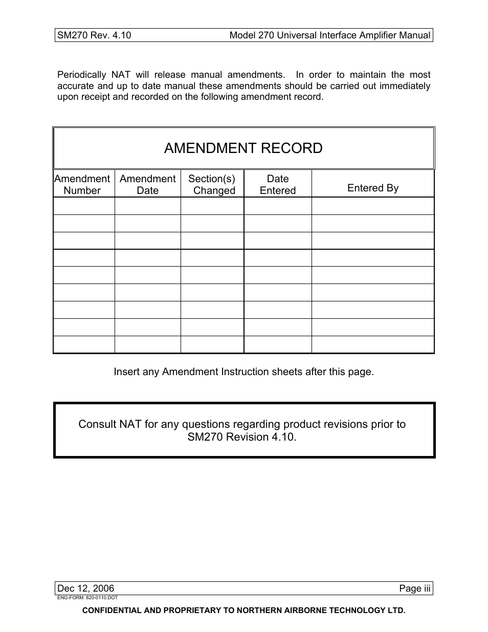 Amendment record | Northern Airborne Technology 270 User Manual | Page 5 / 30