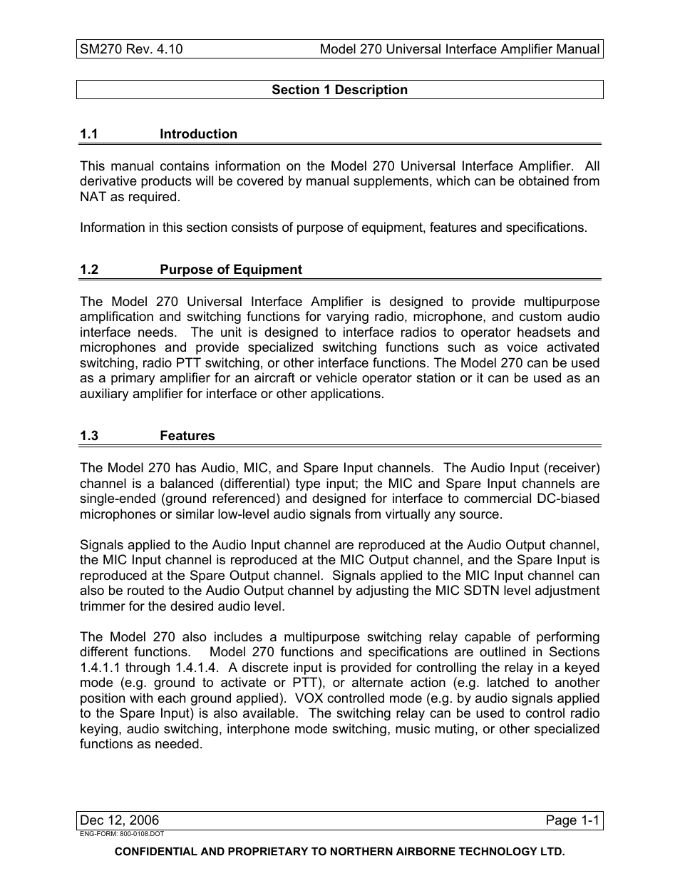Description, 1 introduction, 2 purpose of equipment | 3 features | Northern Airborne Technology 270 User Manual | Page 9 / 30