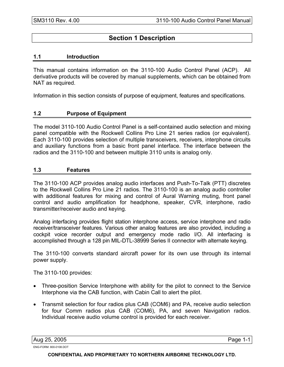 Description, 1 introduction, 2 purpose of equipment | 3 features | Northern Airborne Technology 3110 User Manual | Page 13 / 61