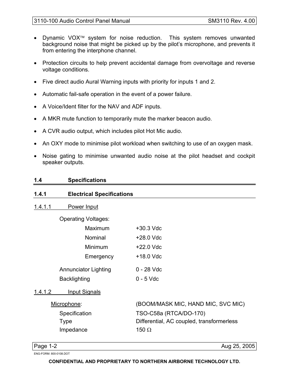 4 specifications, 1 electrical specifications | Northern Airborne Technology 3110 User Manual | Page 14 / 61