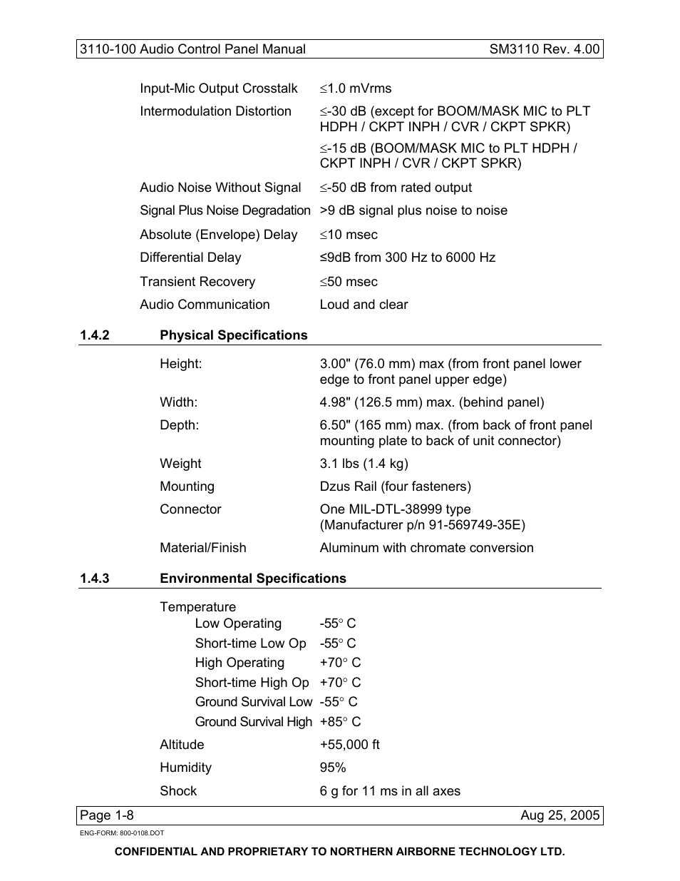 2 physical specifications, 3 environmental specifications | Northern Airborne Technology 3110 User Manual | Page 20 / 61
