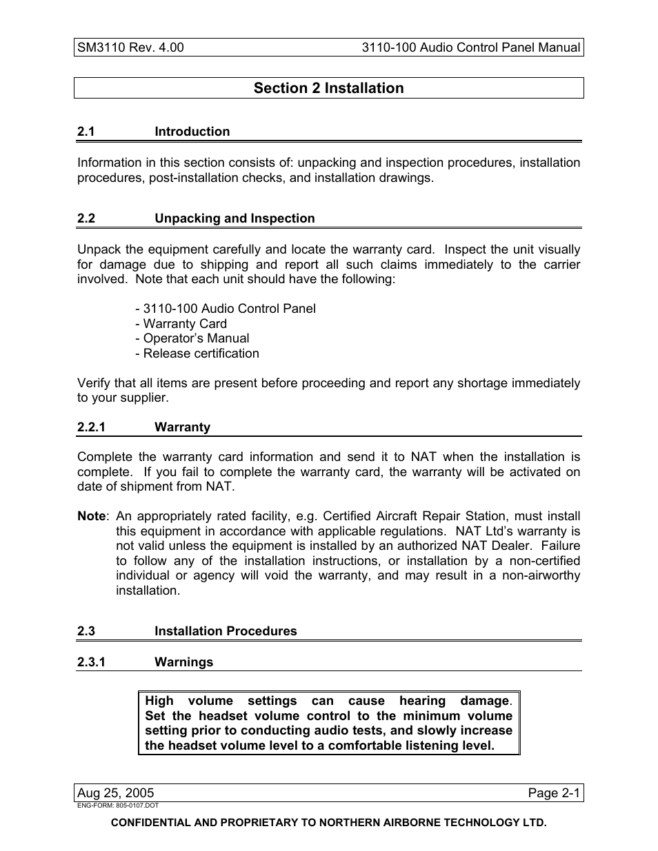 Installation, 1 introduction, 2 unpacking and inspection | 1 warranty, 3 installation procedures, 1 warnings | Northern Airborne Technology 3110 User Manual | Page 23 / 61