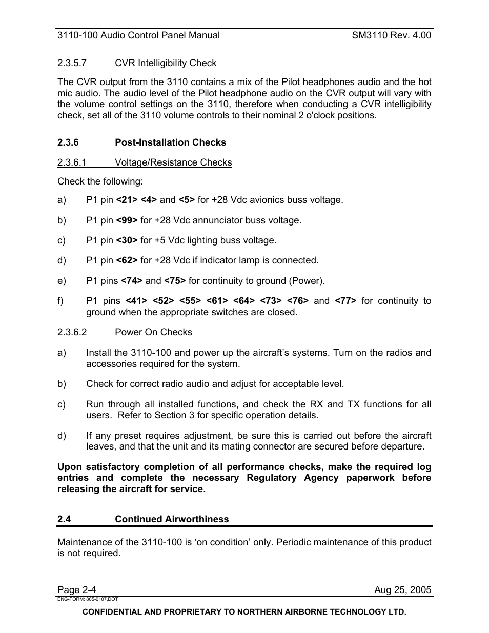 6 post-installation checks, 4 continued airworthiness | Northern Airborne Technology 3110 User Manual | Page 26 / 61