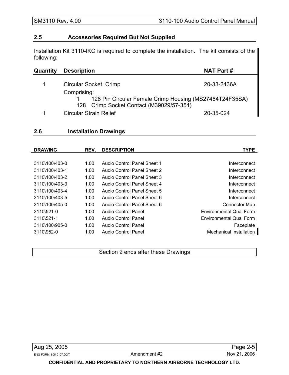 5 accessories required but not supplied, 6 installation drawings | Northern Airborne Technology 3110 User Manual | Page 27 / 61
