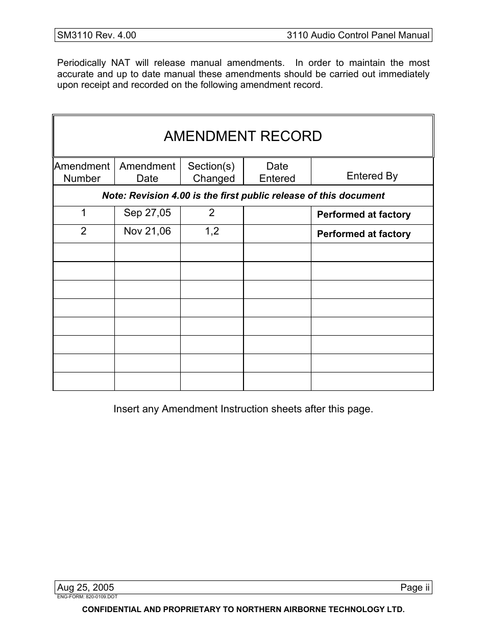 Amendment record | Northern Airborne Technology 3110 User Manual | Page 3 / 61