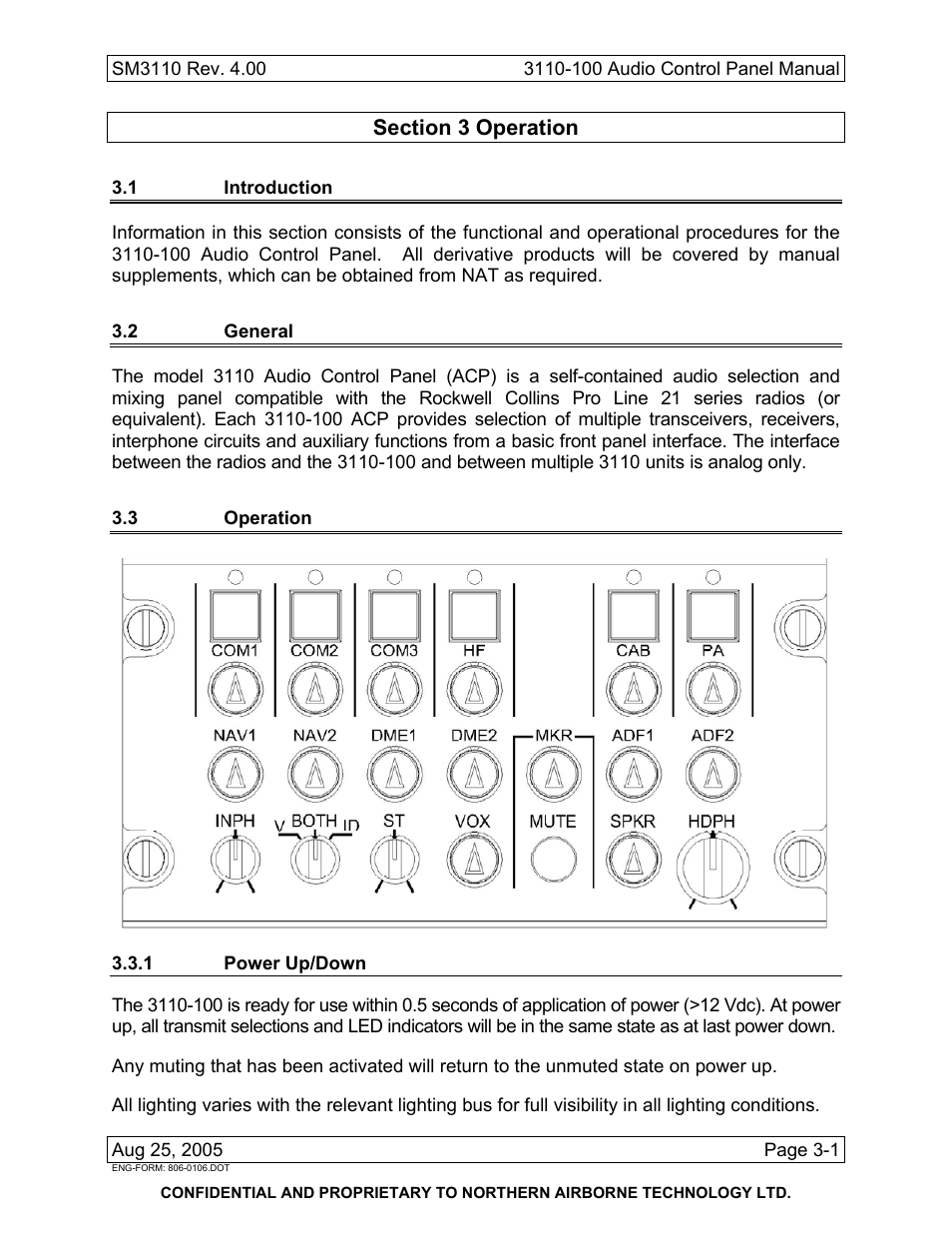 Operation, 1 introduction, 2 general | 3 operation, 1 power up/down | Northern Airborne Technology 3110 User Manual | Page 55 / 61