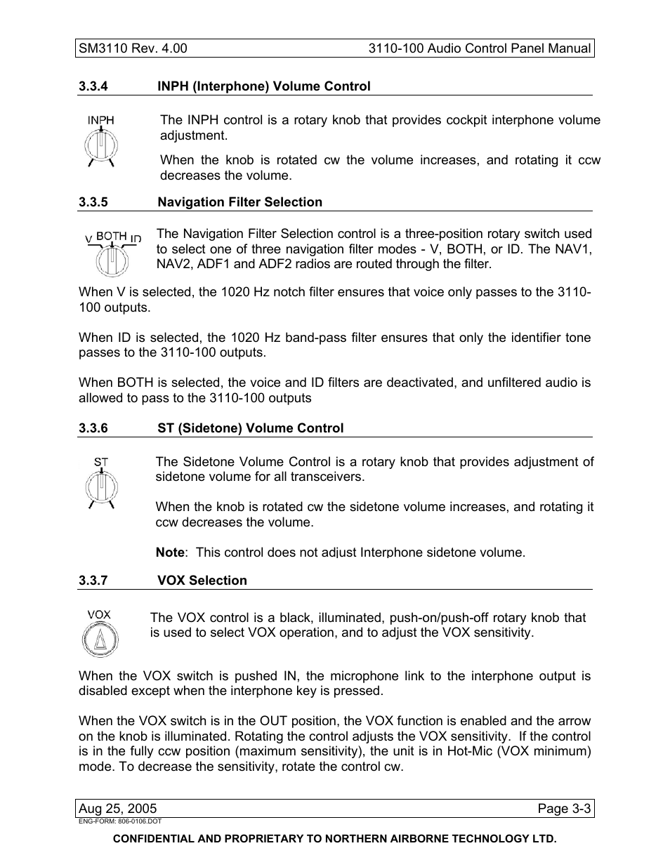 4 inph (interphone) volume control, 5 navigation filter selection, 6 st (sidetone) volume control | 7 vox selection | Northern Airborne Technology 3110 User Manual | Page 57 / 61