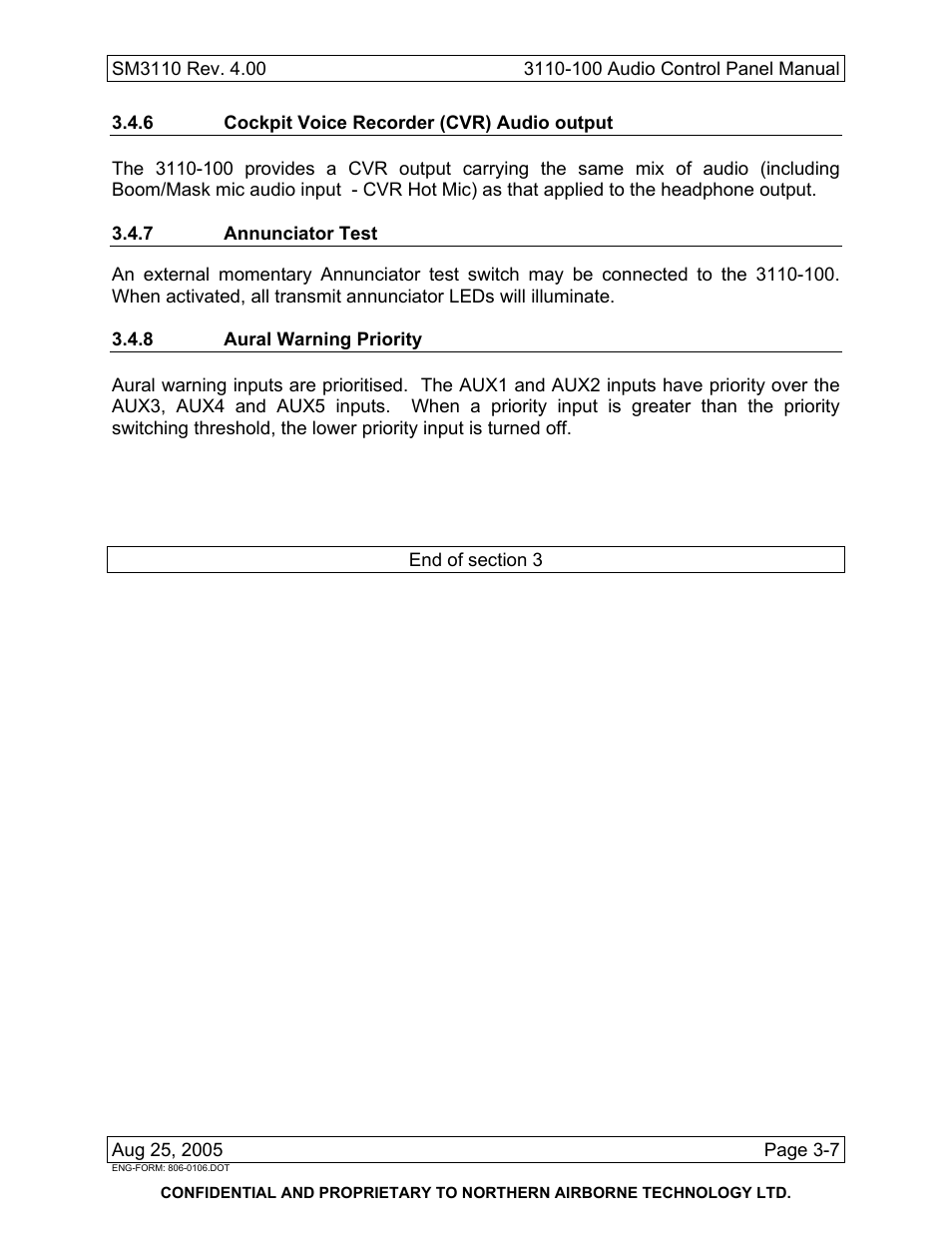 6 cockpit voice recorder (cvr) audio output, 7 annunciator test, 8 aural warning priority | Northern Airborne Technology 3110 User Manual | Page 61 / 61