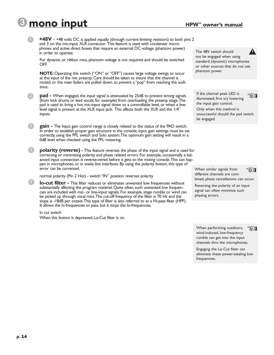 Mono input | Crest Audio HPW User Manual | Page 14 / 60