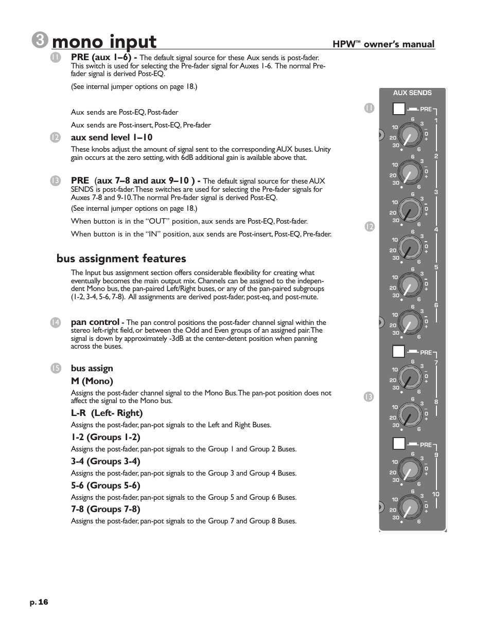 Mono input, Bus assignment features | Crest Audio HPW User Manual | Page 16 / 60