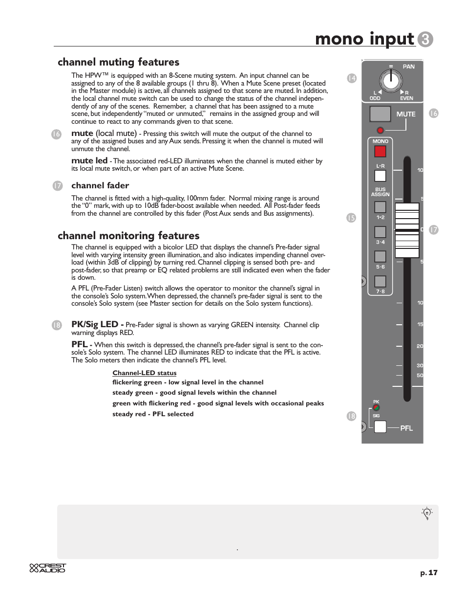 Mono input, Channel muting features, Channel monitoring features | Crest Audio HPW User Manual | Page 17 / 60