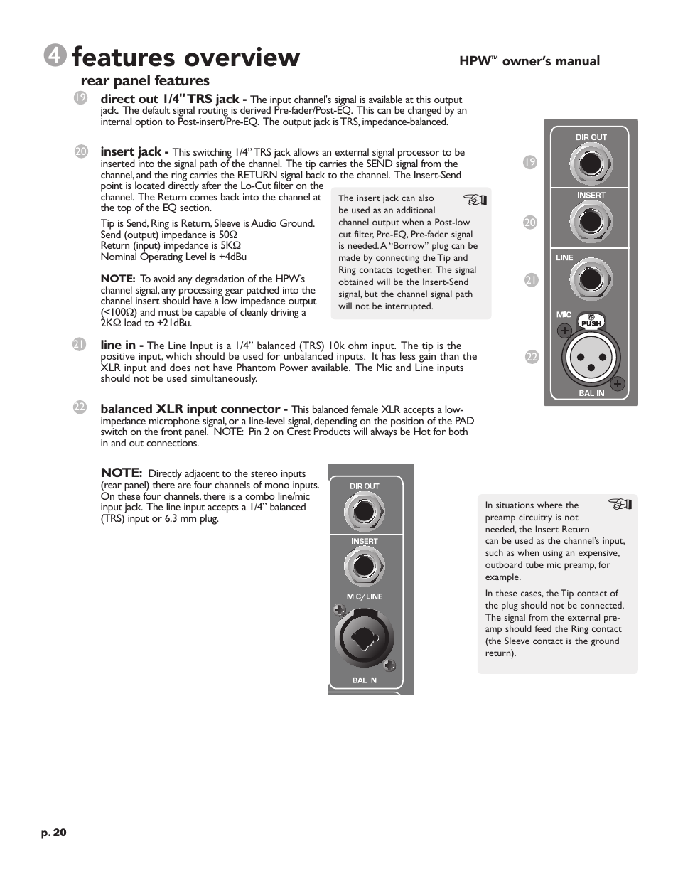 Features overview, Rear panel features | Crest Audio HPW User Manual | Page 20 / 60
