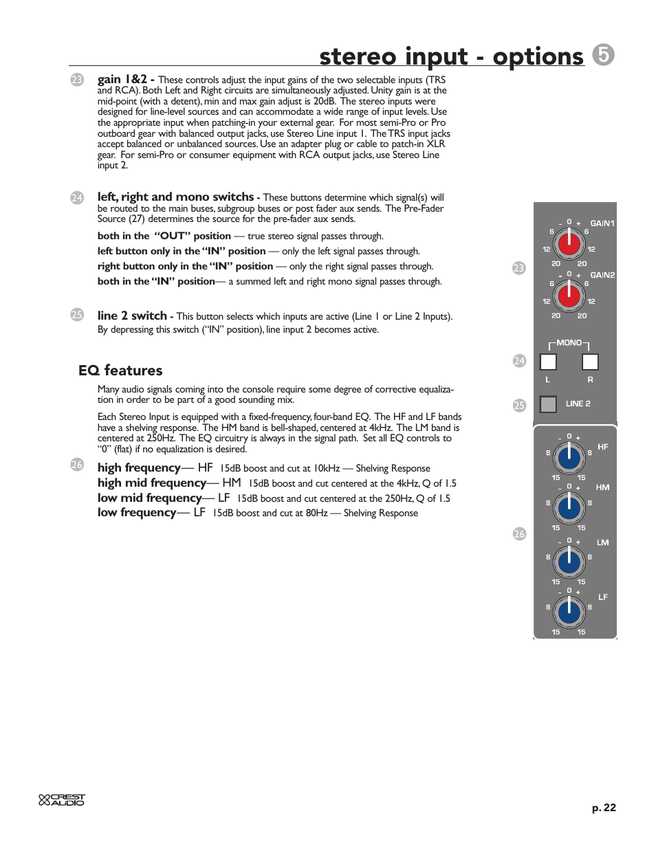 Stereo input - options, Eq features | Crest Audio HPW User Manual | Page 22 / 60