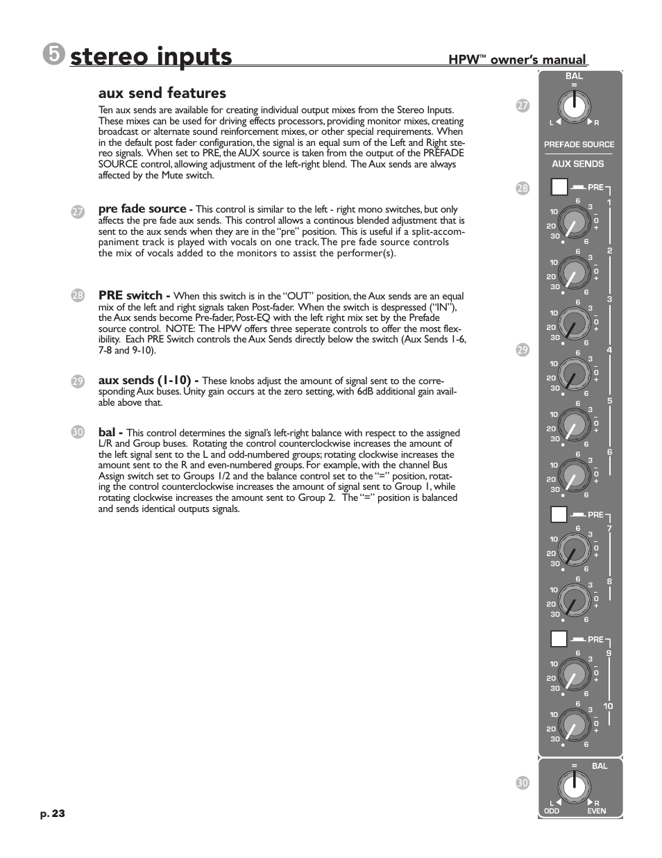 Stereo inputs, Aux send features | Crest Audio HPW User Manual | Page 23 / 60