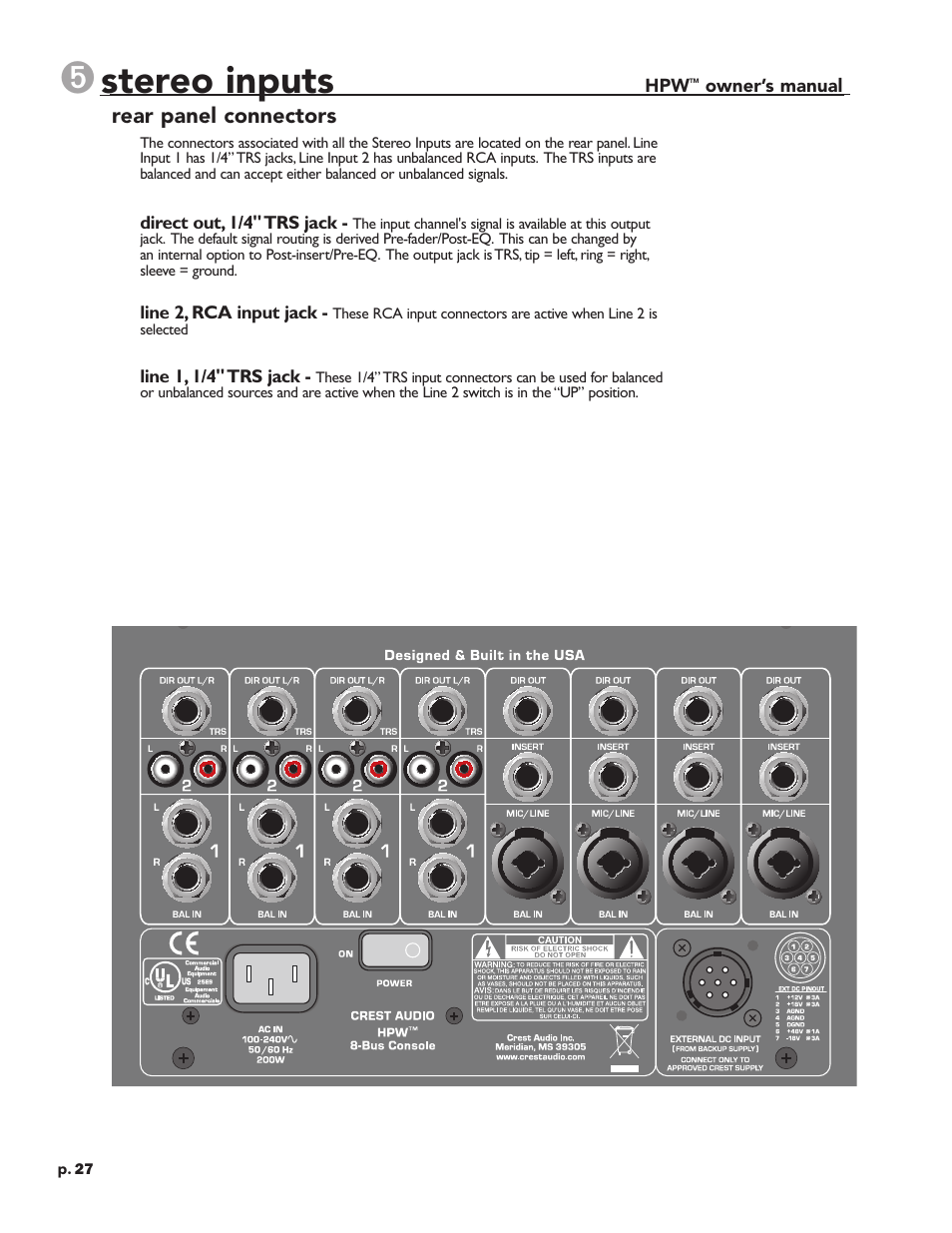 Stereo inputs | Crest Audio HPW User Manual | Page 27 / 60