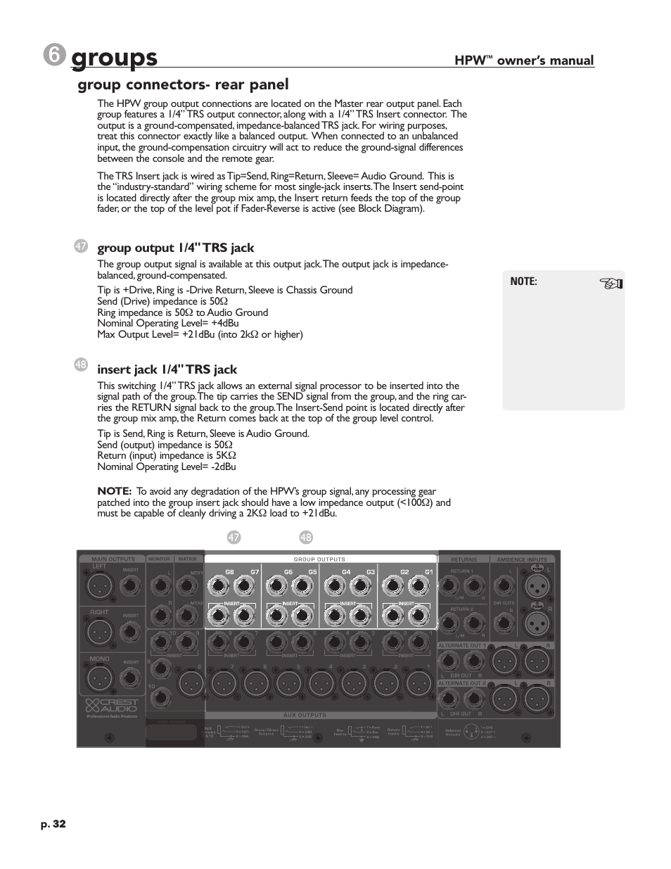 Groups, Group connectors- rear panel | Crest Audio HPW User Manual | Page 32 / 60