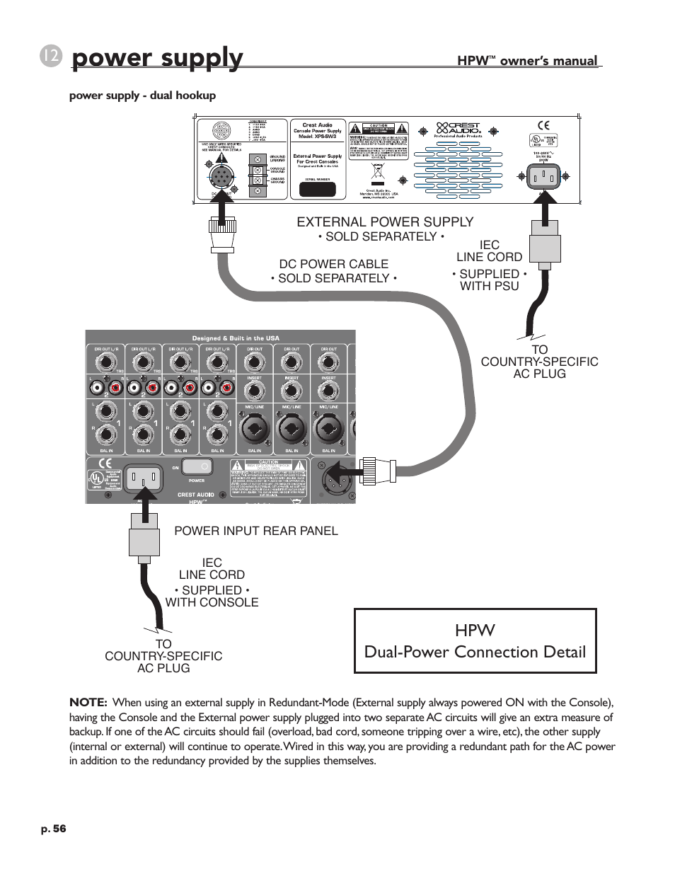 Power supply, Hpw dual-power connection detail, Hp-eight dual-power connection detail | External power supply, Owner’s manual, P. 56 | Crest Audio HPW User Manual | Page 56 / 60