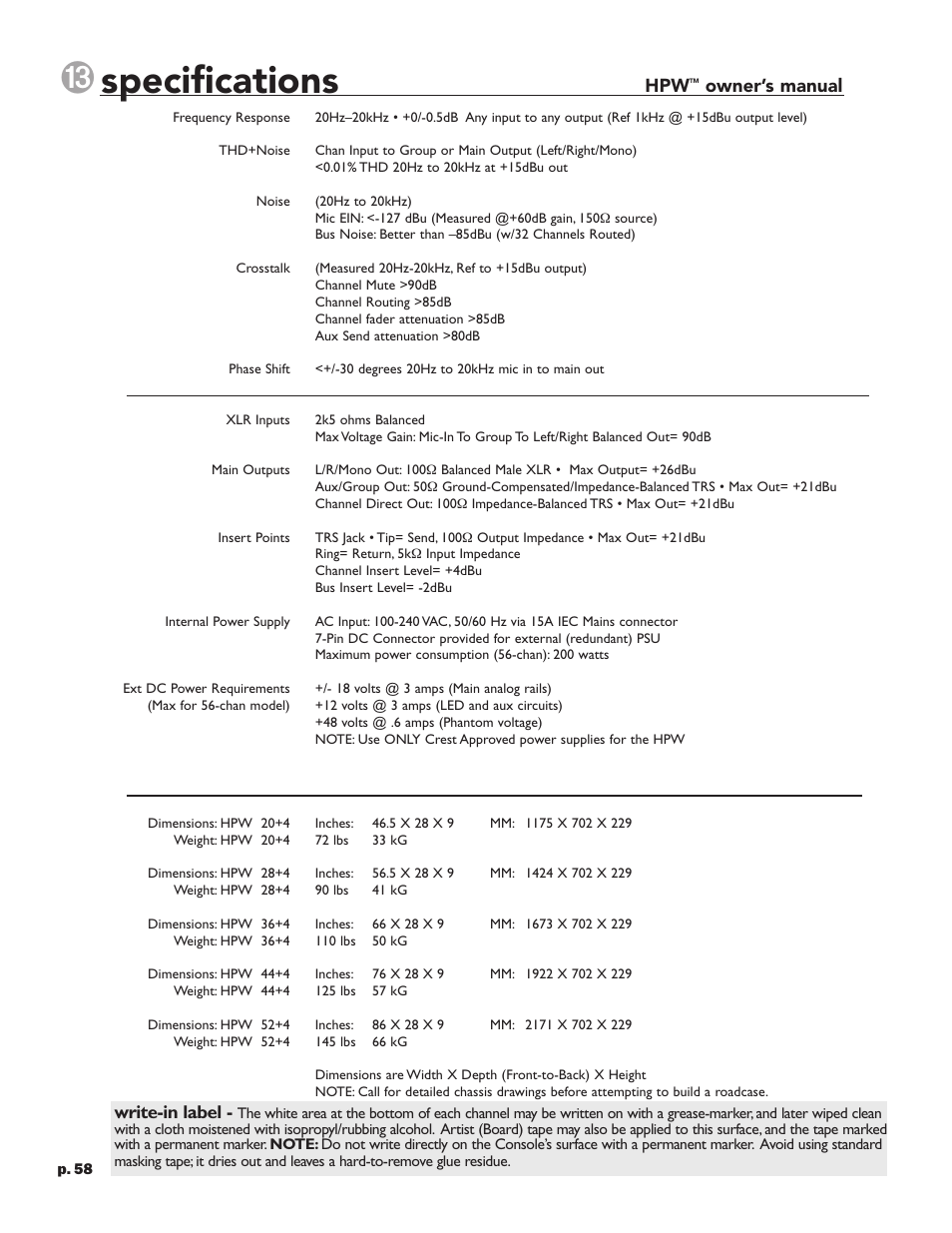 Specifications | Crest Audio HPW User Manual | Page 58 / 60