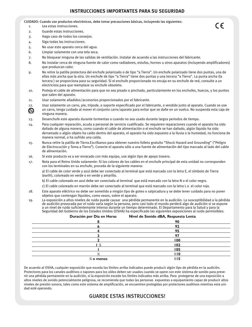 Guarde estas instrucciones, Instrucciones importantes para su seguridad | Crest Audio HPW User Manual | Page 8 / 60